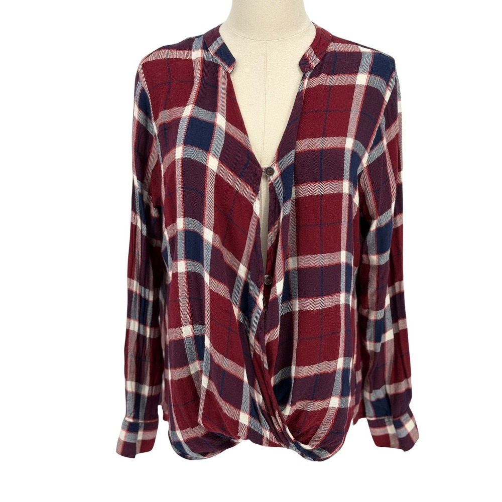 Falls Creek Plaid Wrap Front Top Burgundy Navy 100% Rayon XL